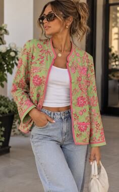 David Brooks Linen Embroidered Floral Jacket Blazer Women’s L Pink Green
